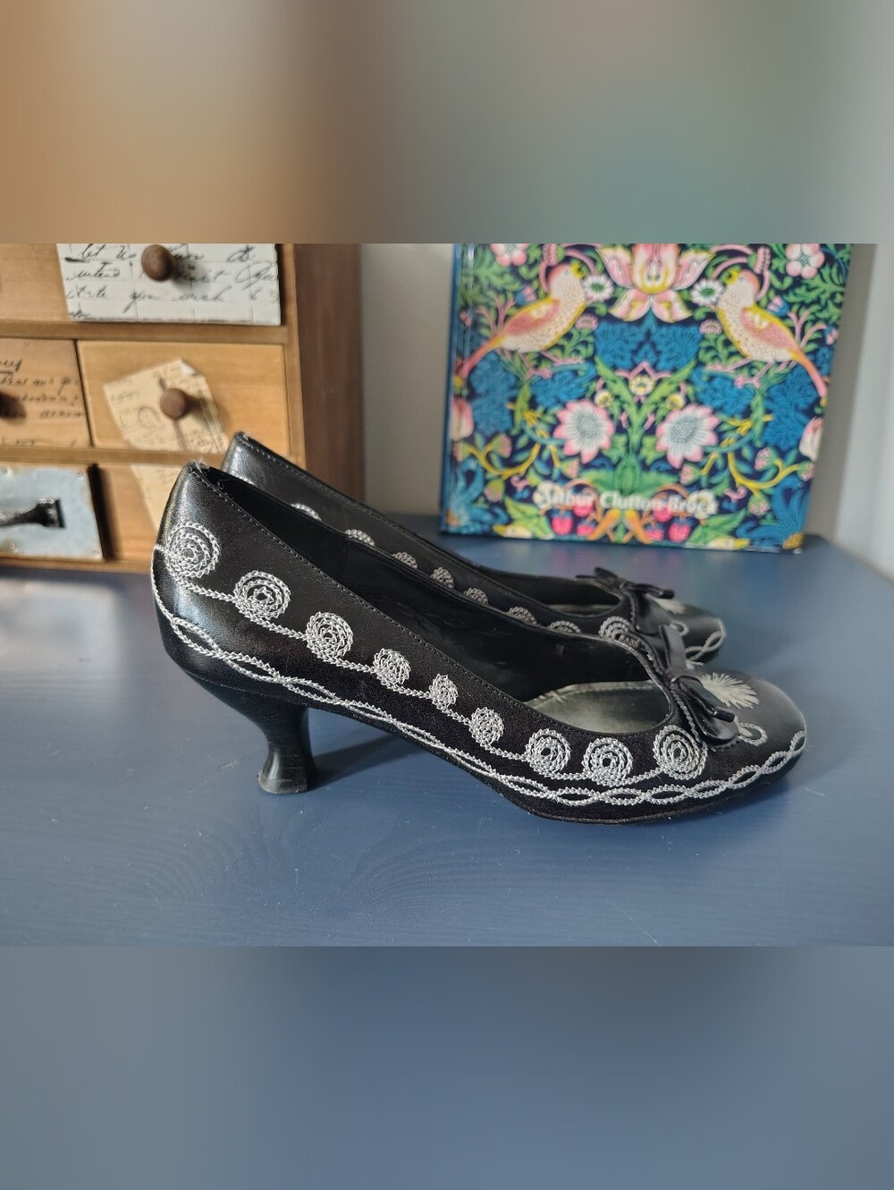 Franco Sarto Black Leather Kitten Heel with Embroidery